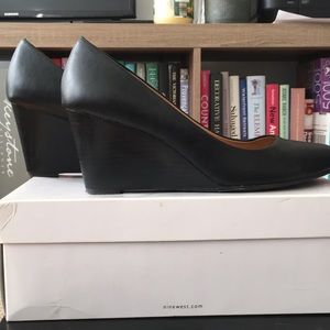Nine West stacked heel wedge pump
